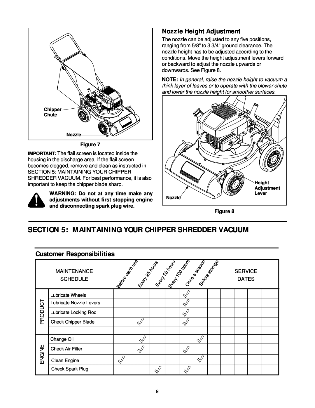 Cub Cadet 24A-030E100 manual Nozzle Height Adjustment, Customer Responsibilities, Figure 