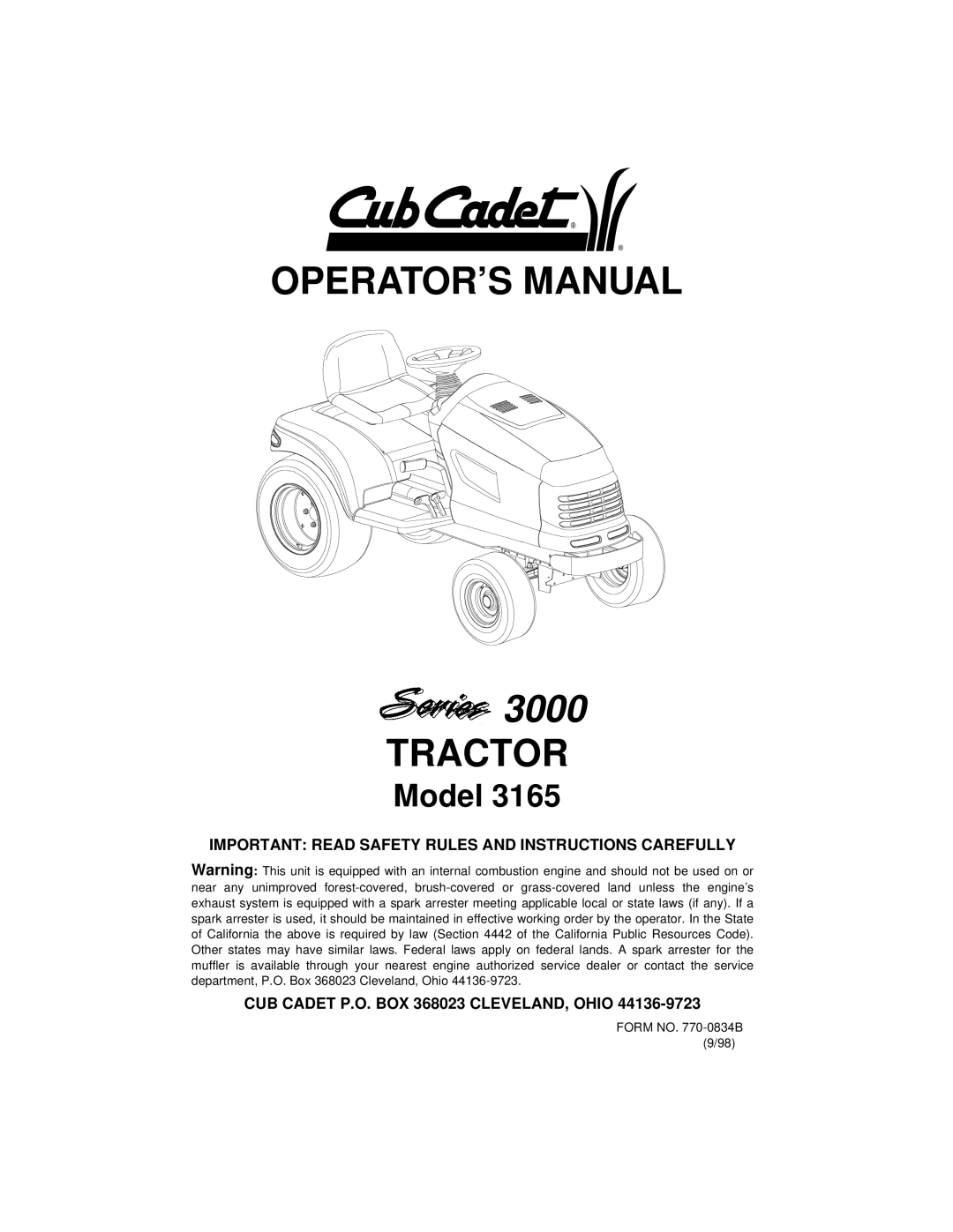 Cub Cadet 3165 manual 3000, CUB Cadet P.O. BOX 368023 CLEVELAND, Ohio 