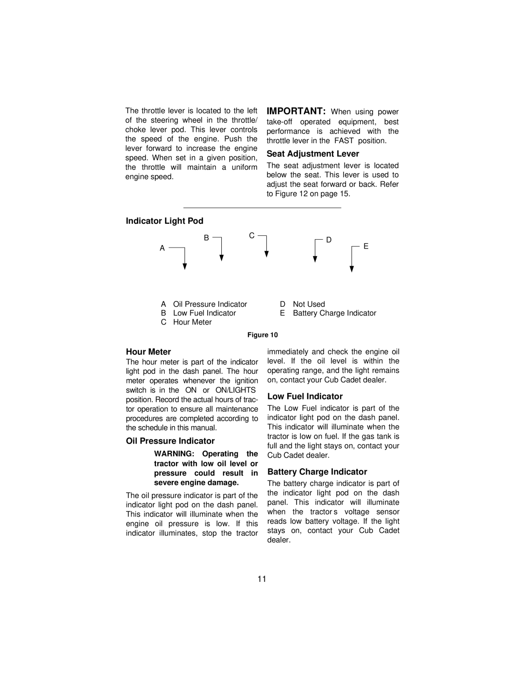 Cub Cadet 3165 manual Seat Adjustment Lever, Indicator Light Pod, Hour Meter, Oil Pressure Indicator, Low Fuel Indicator 