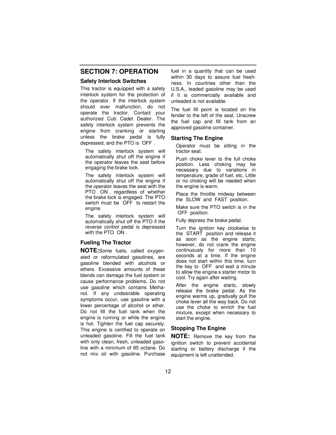 Cub Cadet 3165 manual Operation, Safety Interlock Switches, Fueling The Tractor, Starting The Engine, Stopping The Engine 