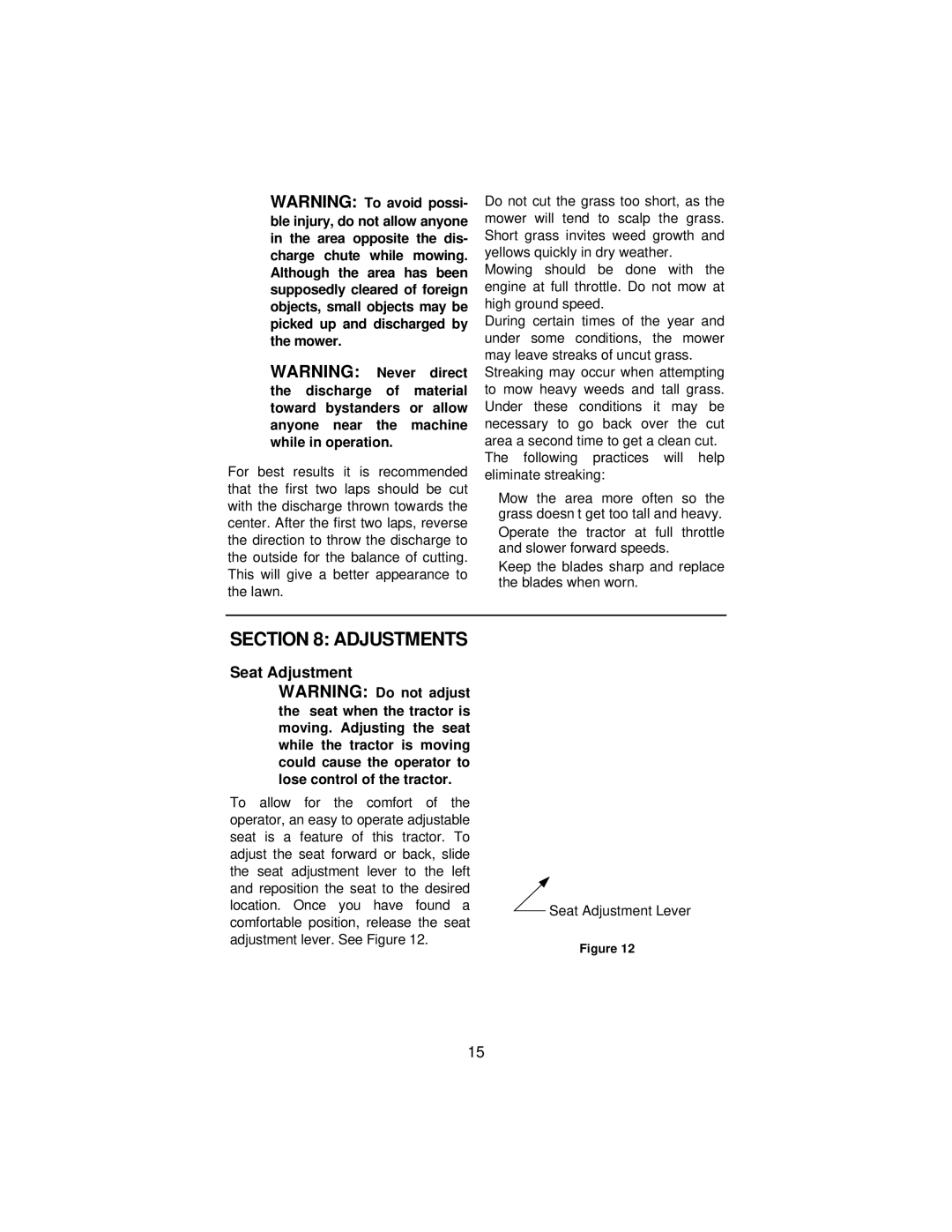 Cub Cadet 3165 manual Adjustments, Seat Adjustment 