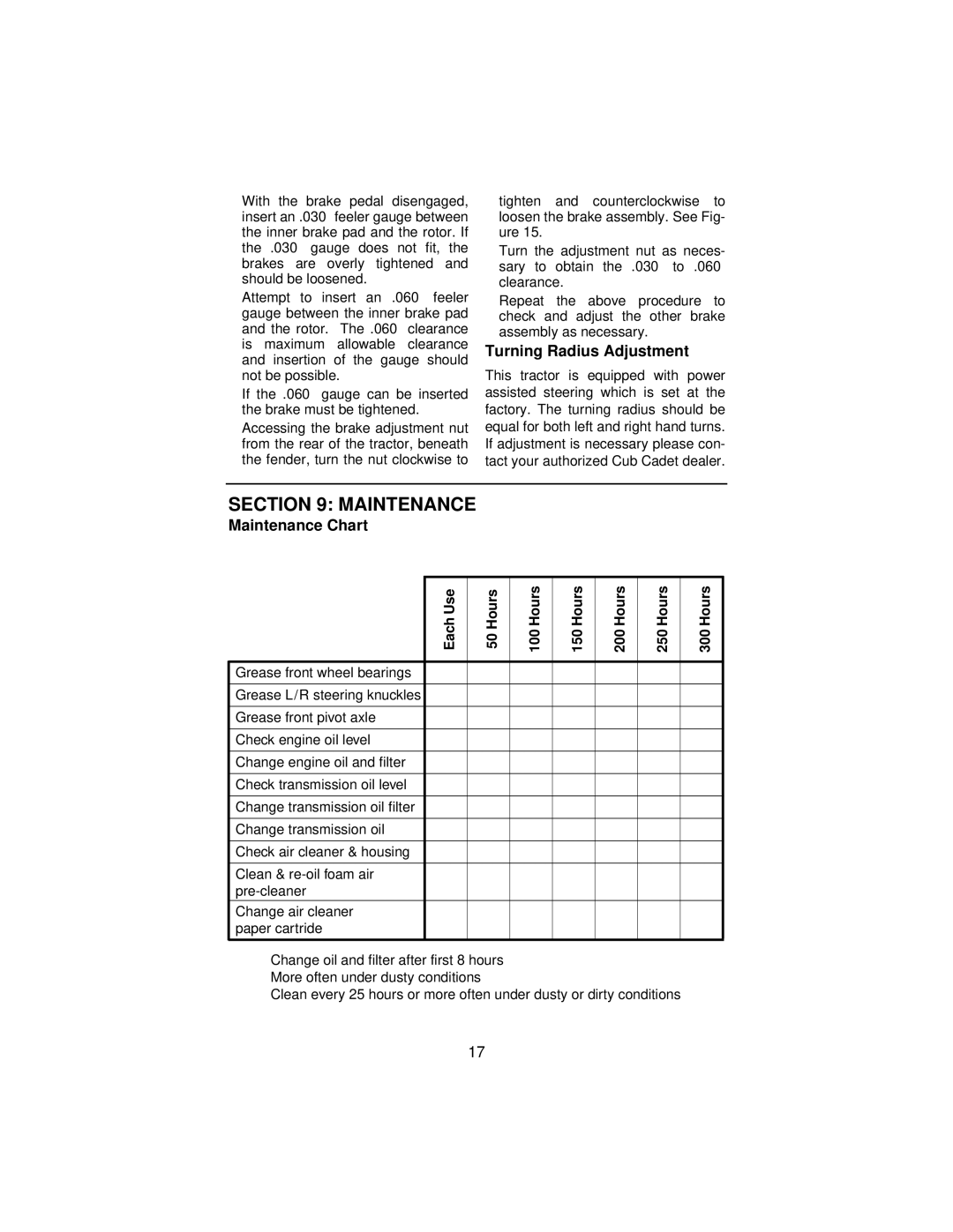 Cub Cadet 3165 manual Turning Radius Adjustment, Maintenance Chart 