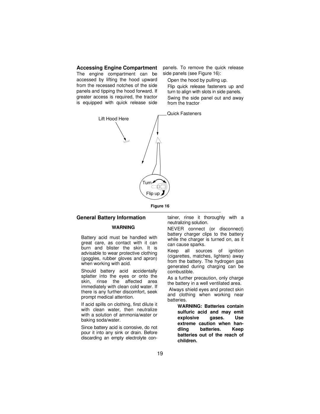 Cub Cadet 3165 manual Accessing Engine Compartment, General Battery Information 