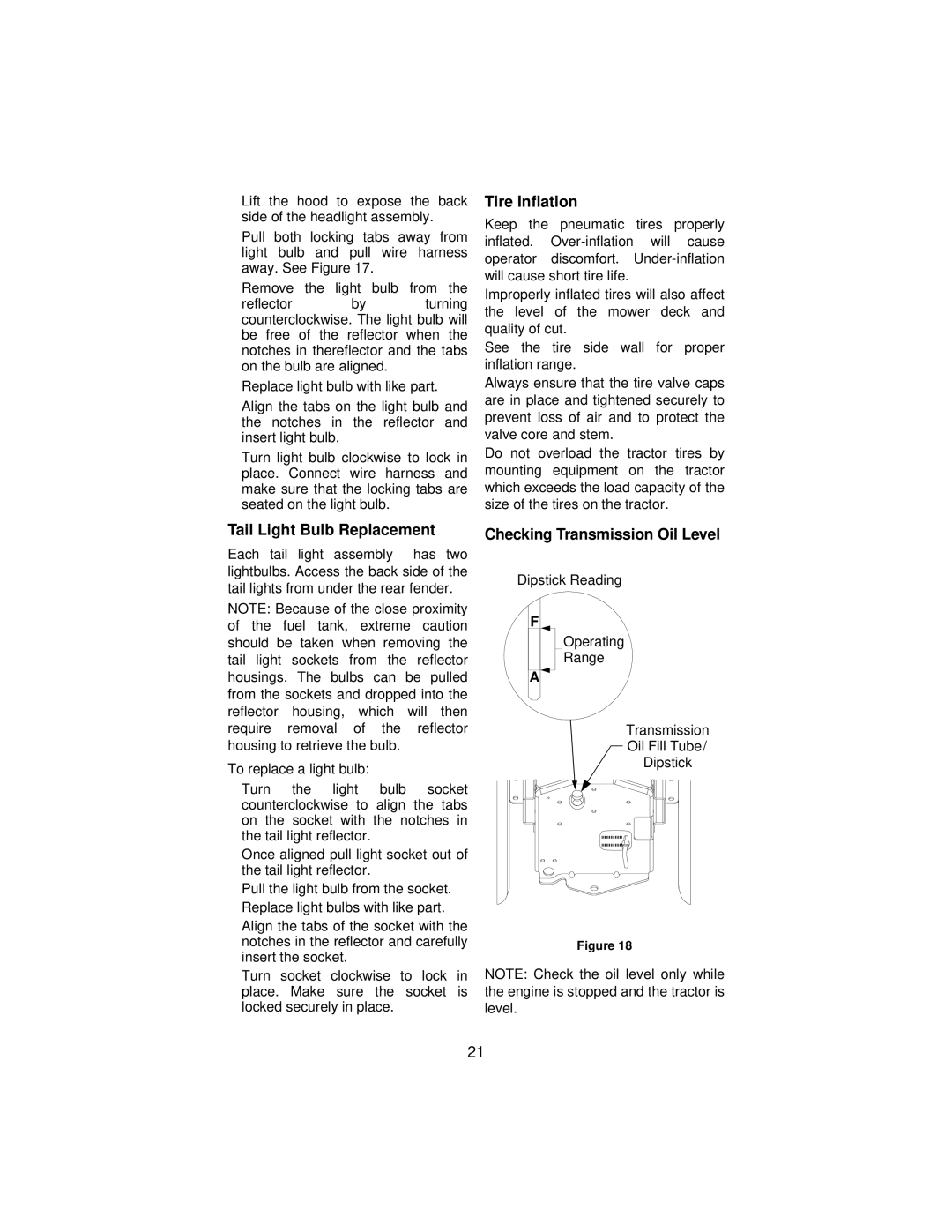 Cub Cadet 3165 manual Tire Inflation, Tail Light Bulb Replacement, Checking Transmission Oil Level 