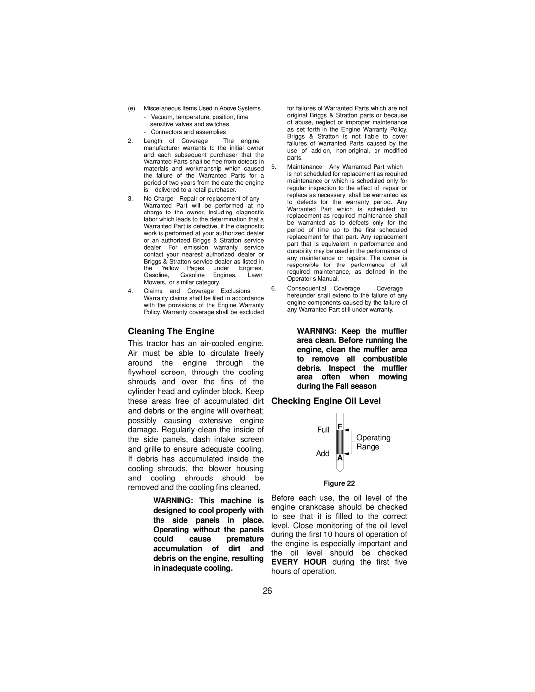 Cub Cadet 3165 manual Cleaning The Engine, Checking Engine Oil Level 