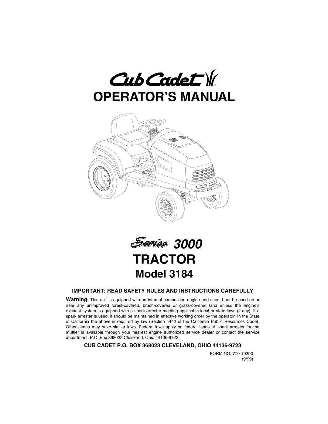 Cub Cadet 3184 manual 3000, CUB Cadet P.O. BOX 368023 CLEVELAND, Ohio 