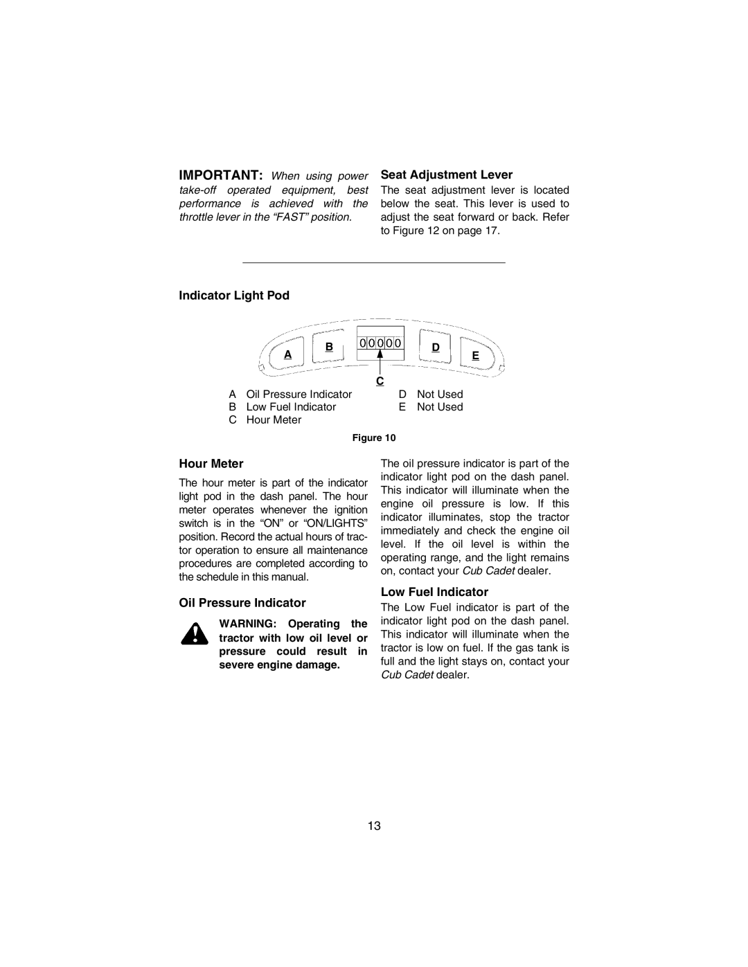 Cub Cadet 3184 manual Seat Adjustment Lever, Indicator Light Pod, Hour Meter, Oil Pressure Indicator Low Fuel Indicator 