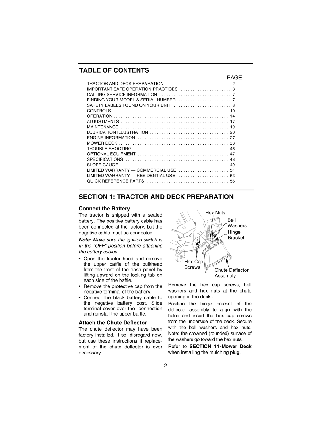 Cub Cadet 3184 manual Table of Contents, Tractor and Deck Preparation 