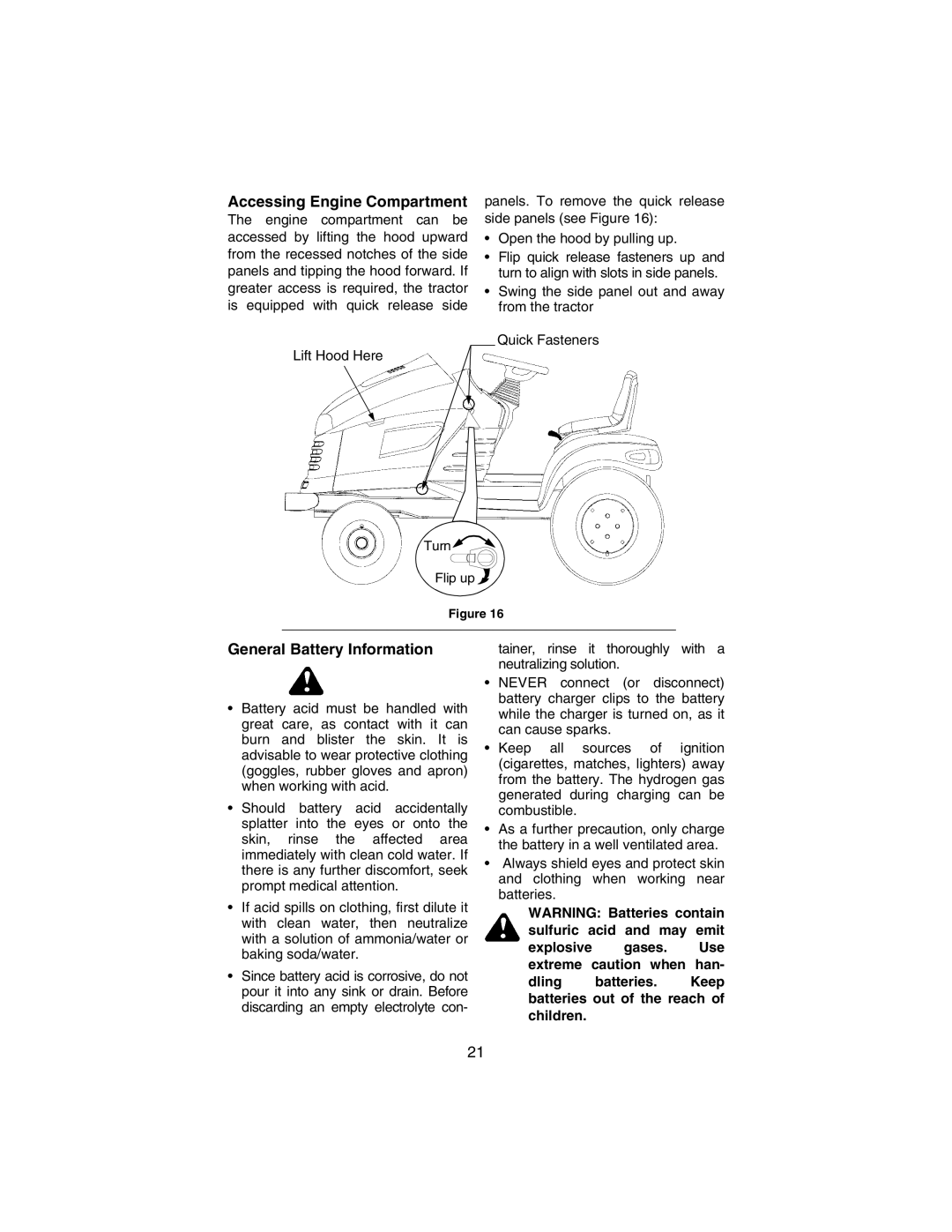 Cub Cadet 3184 manual Accessing Engine Compartment, General Battery Information 