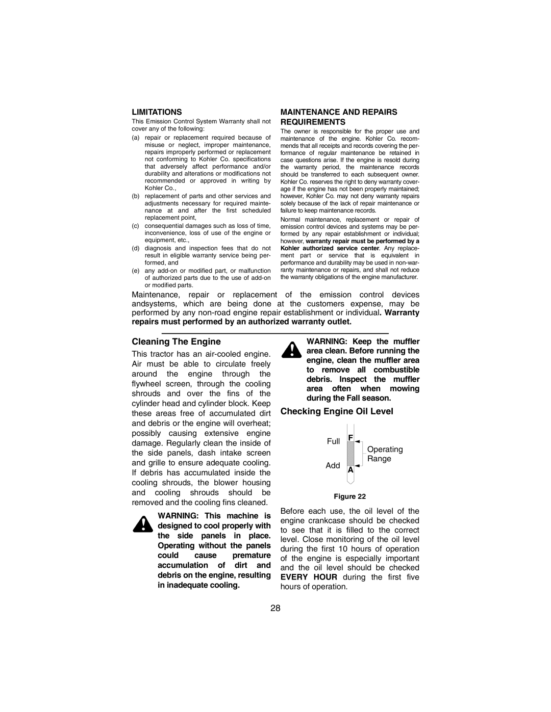 Cub Cadet 3184 manual Cleaning The Engine, Checking Engine Oil Level 