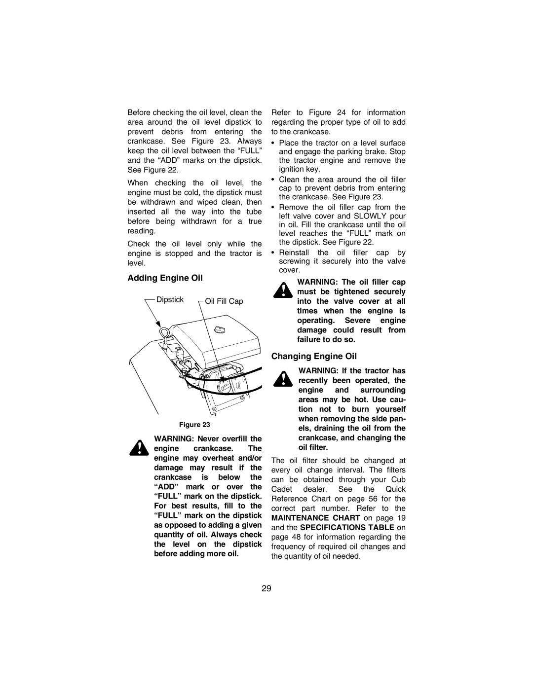 Cub Cadet 3184 manual Adding Engine Oil, Changing Engine Oil 