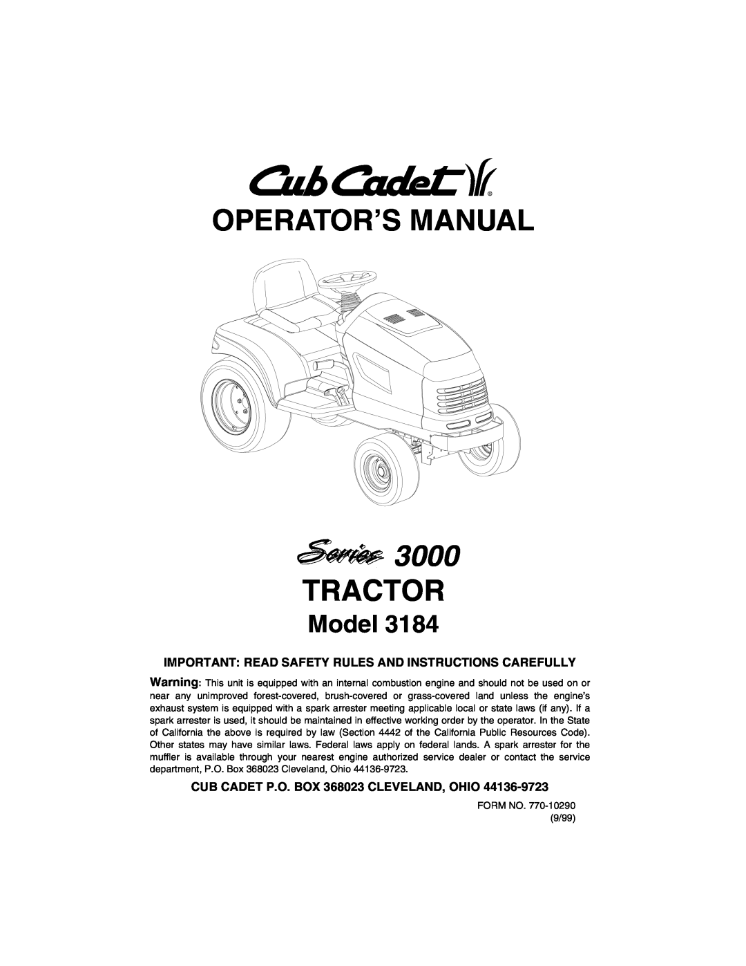 Cub Cadet 3184 manual Operator’S Manual, 3000, Tractor, Model, Important Read Safety Rules And Instructions Carefully 