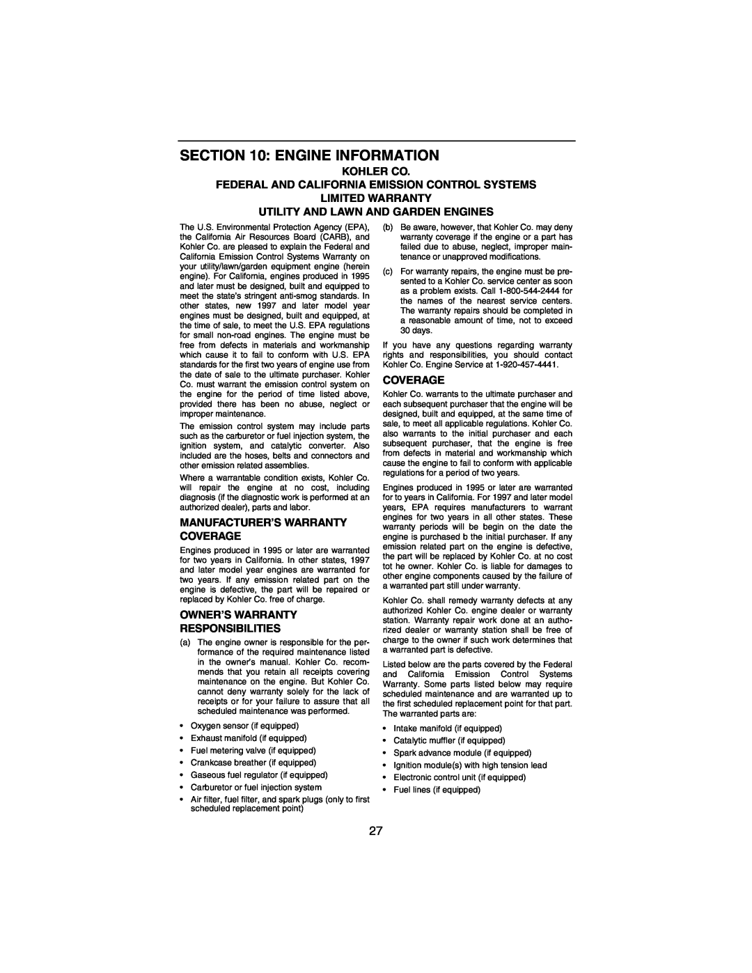 Cub Cadet 3184 manual Engine Information, Kohler Co Federal And California Emission Control Systems, Coverage 