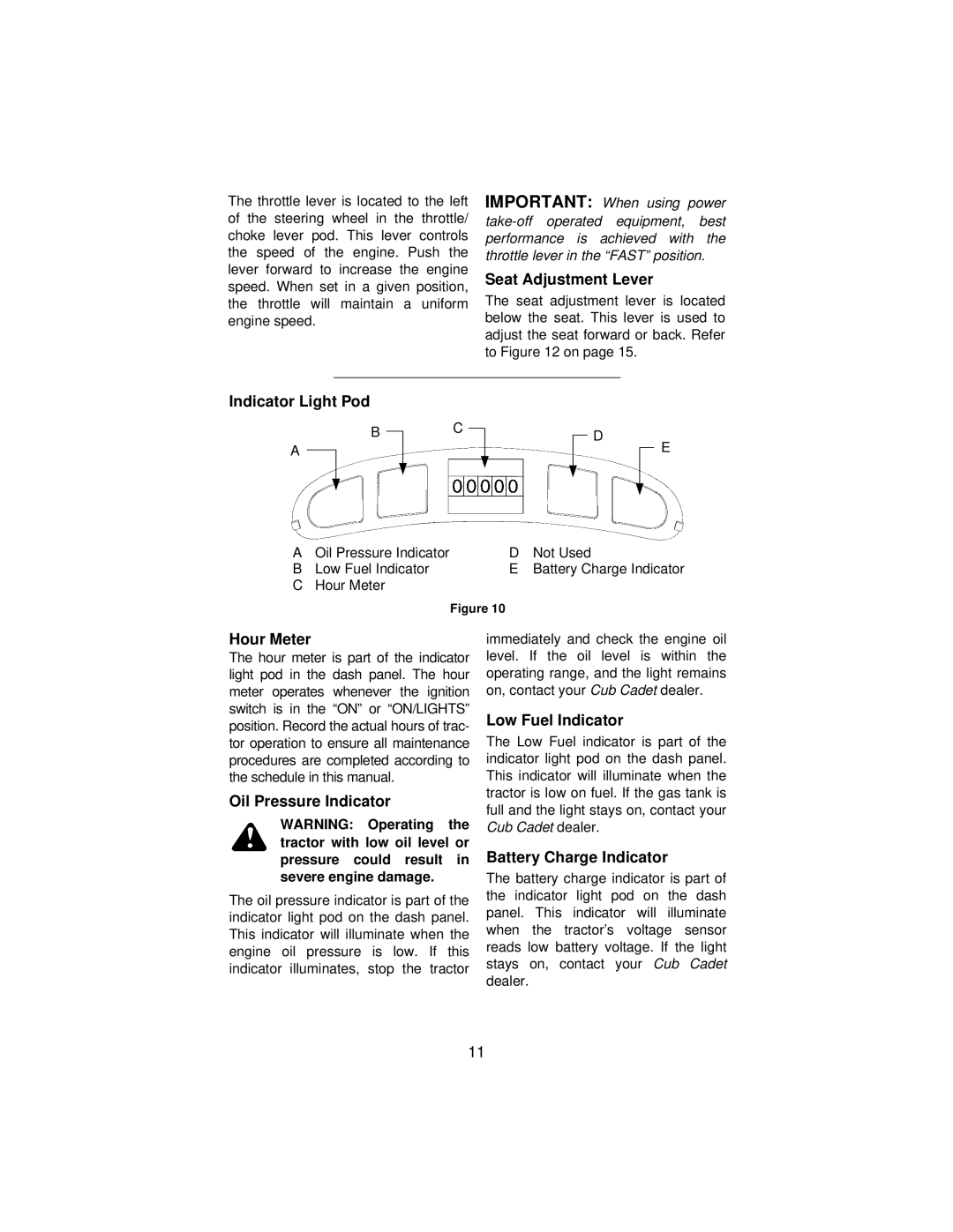 Cub Cadet 3185 manual Seat Adjustment Lever, Indicator Light Pod, Hour Meter, Oil Pressure Indicator, Low Fuel Indicator 