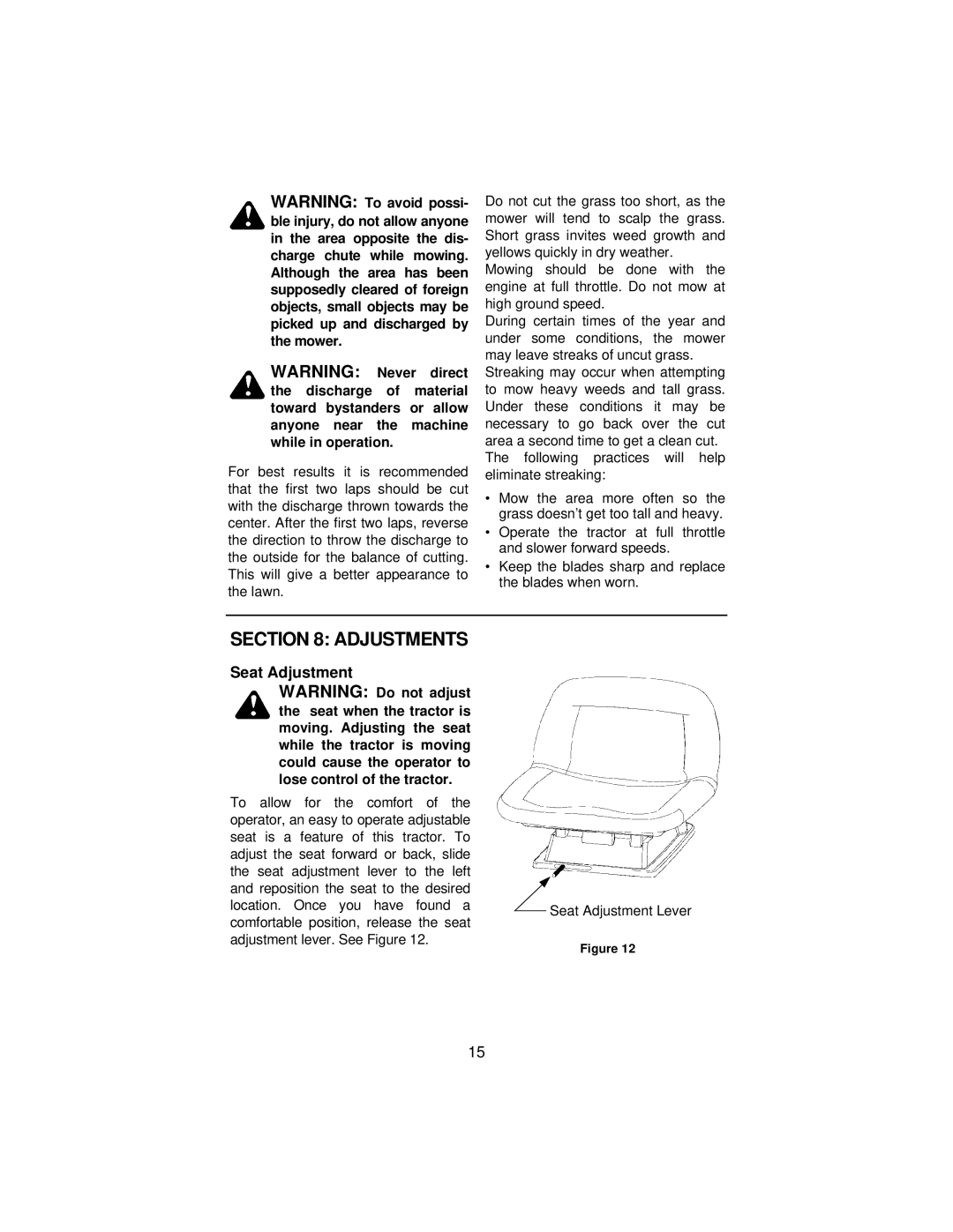 Cub Cadet 3185 manual Adjustments, Seat Adjustment 