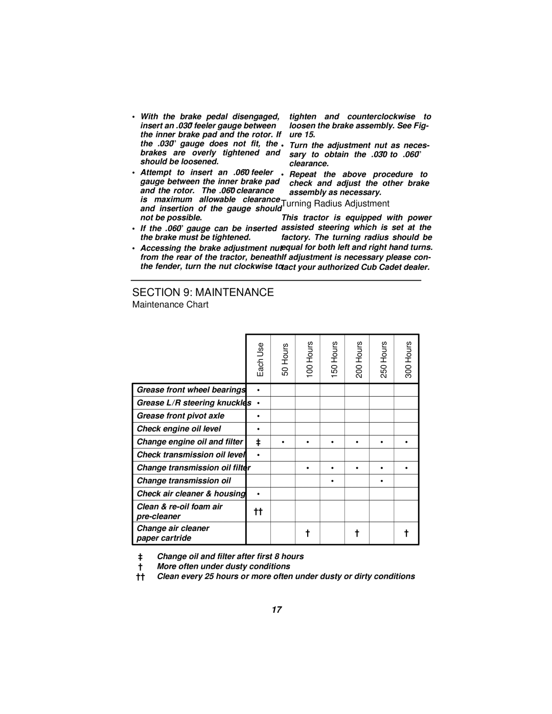 Cub Cadet 3185 manual Turning Radius Adjustment, Maintenance Chart 