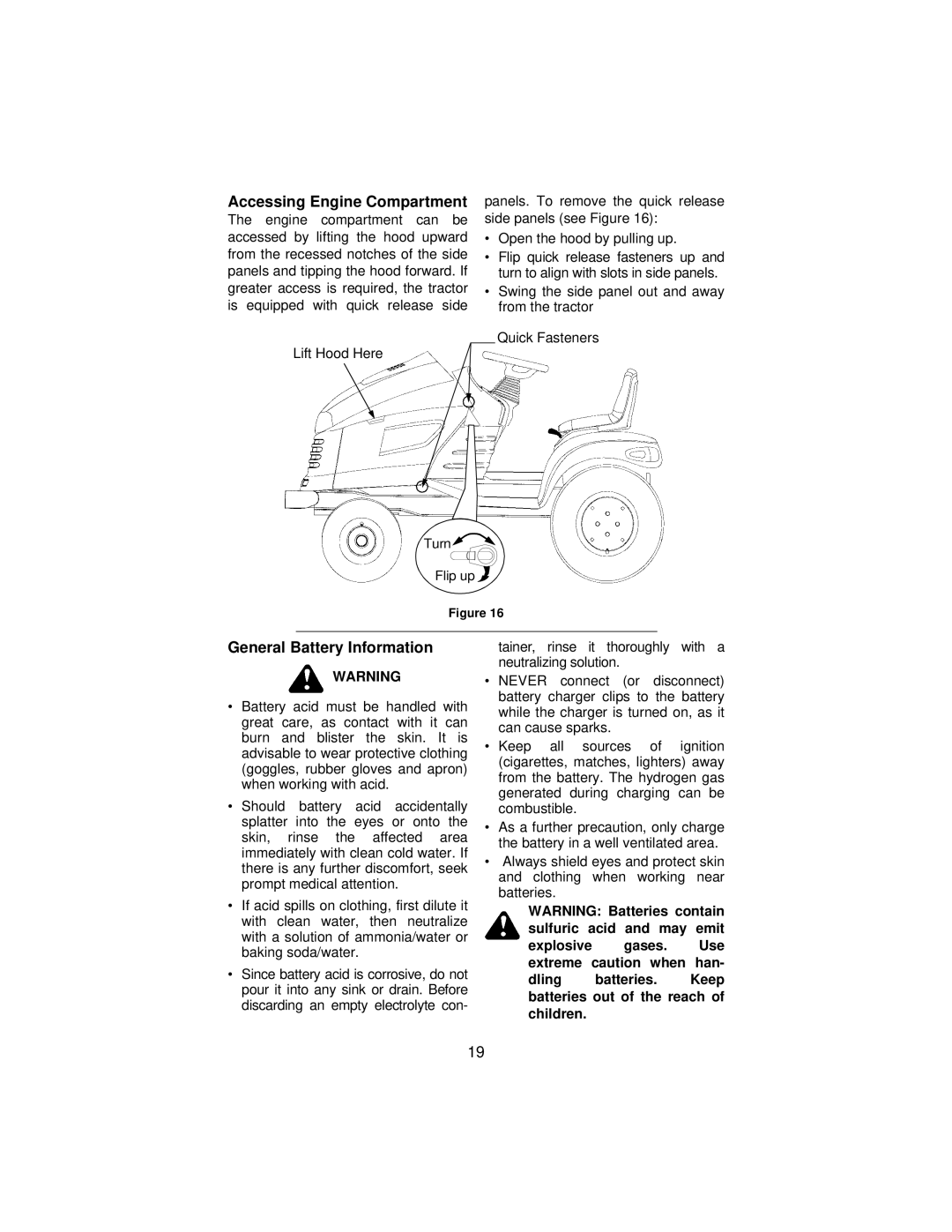 Cub Cadet 3185 manual Accessing Engine Compartment, General Battery Information 