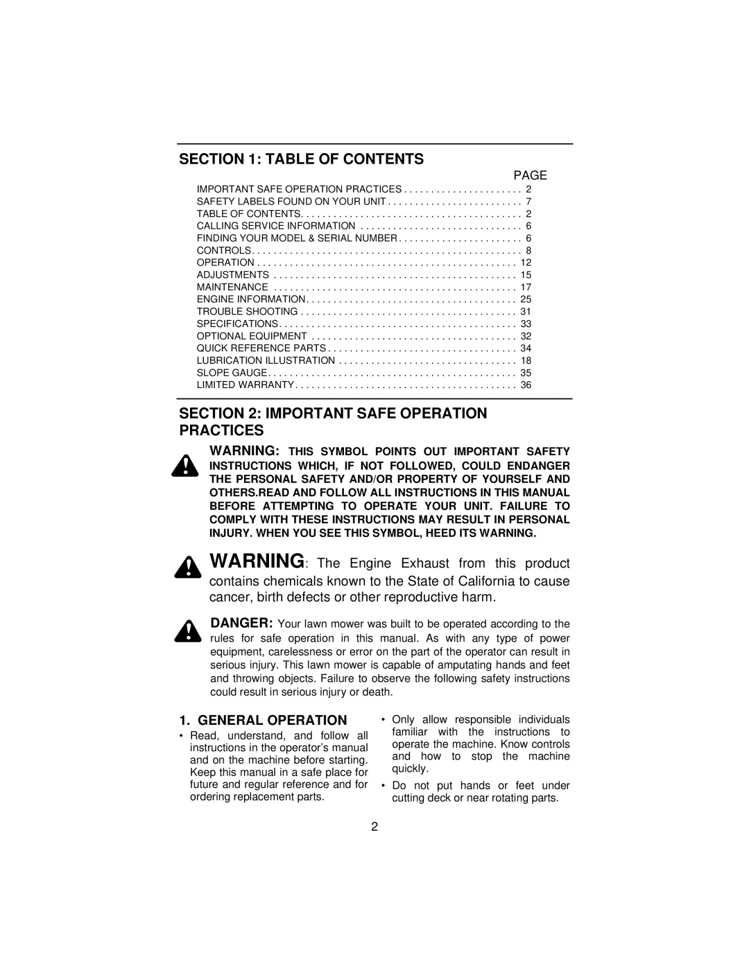 Cub Cadet 3185 manual Table of Contents, Important Safe Operation Practices 