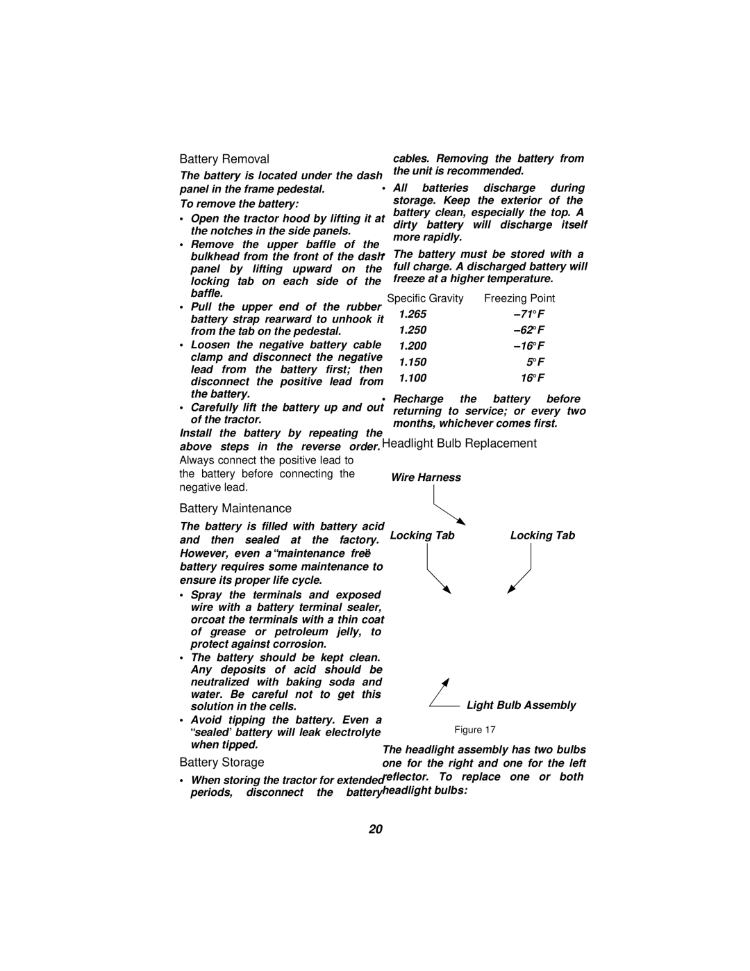 Cub Cadet 3185 manual Battery Removal, Battery Maintenance, Battery Storage, Headlight Bulb Replacement 