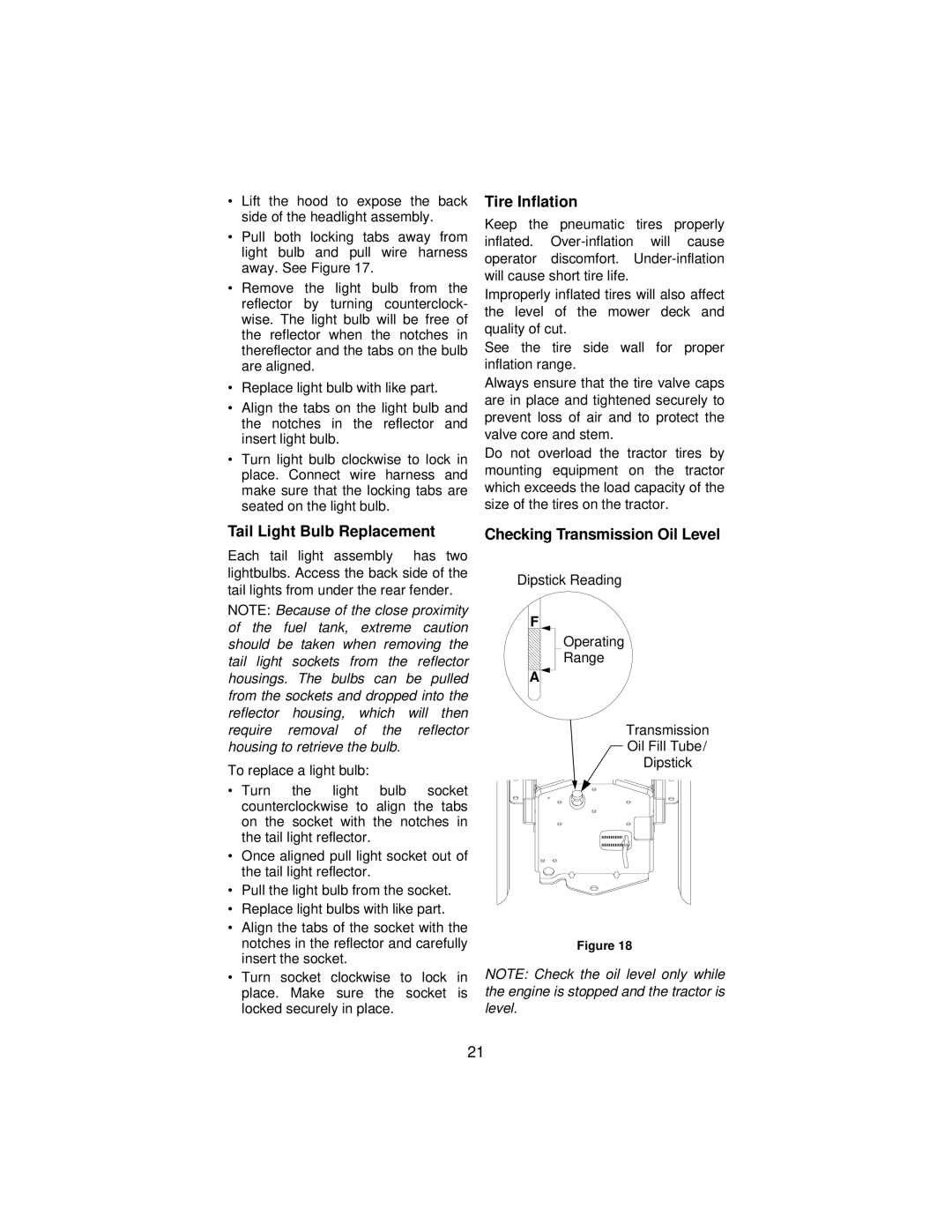 Cub Cadet 3185 manual Tire Inflation, Tail Light Bulb Replacement, Checking Transmission Oil Level 