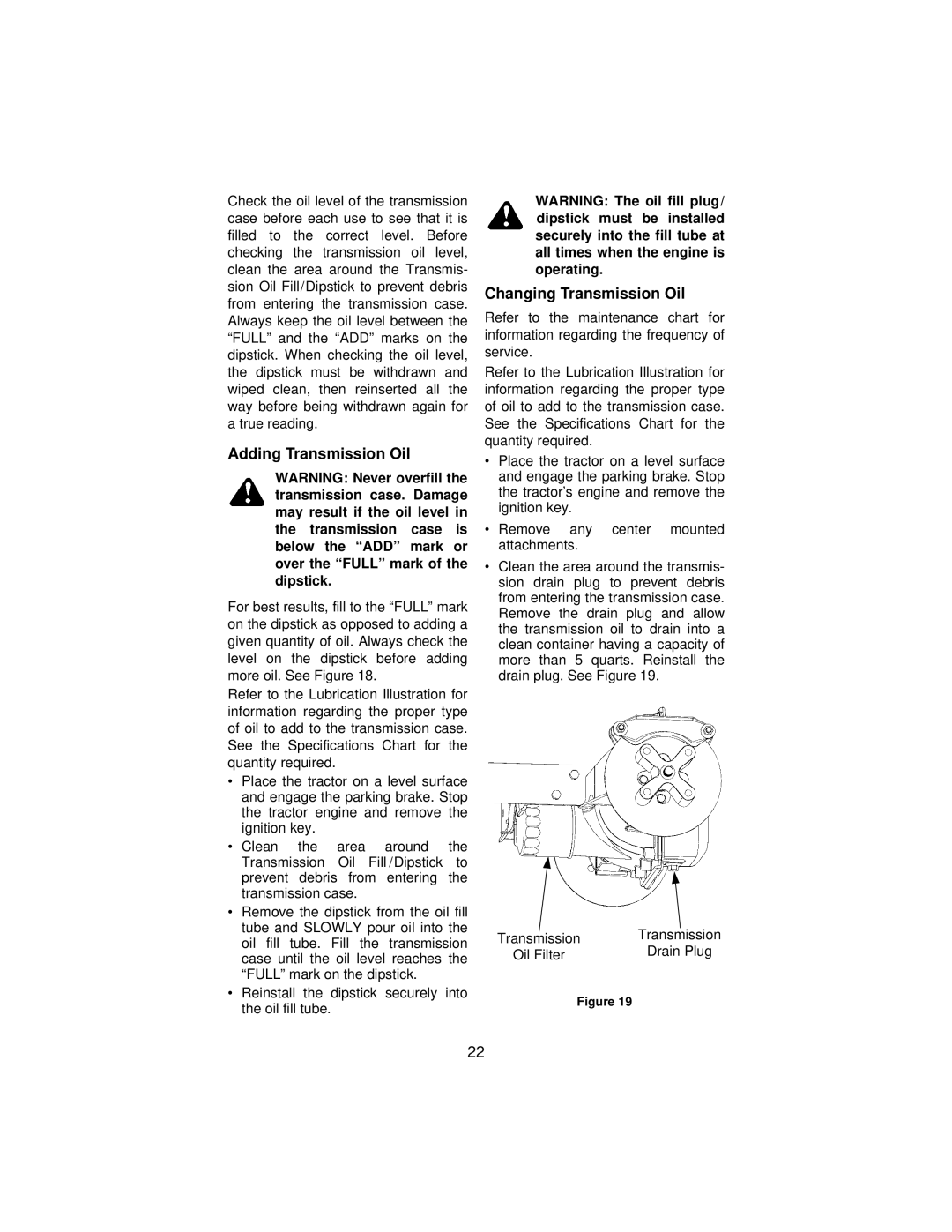 Cub Cadet 3185 manual Adding Transmission Oil, Changing Transmission Oil 