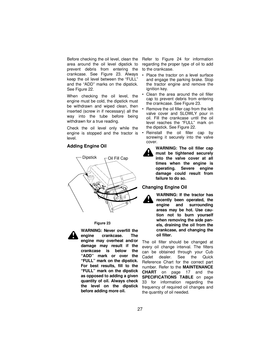 Cub Cadet 3185 manual Adding Engine Oil, Changing Engine Oil 