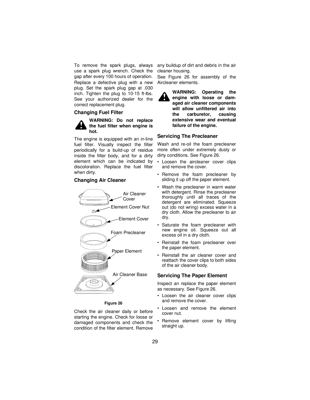 Cub Cadet 3185 manual Changing Fuel Filter, Changing Air Cleaner, Servicing The Precleaner, Servicing The Paper Element 