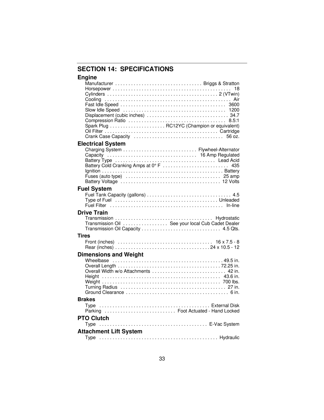 Cub Cadet 3185 manual Specifications, Tires, Brakes 