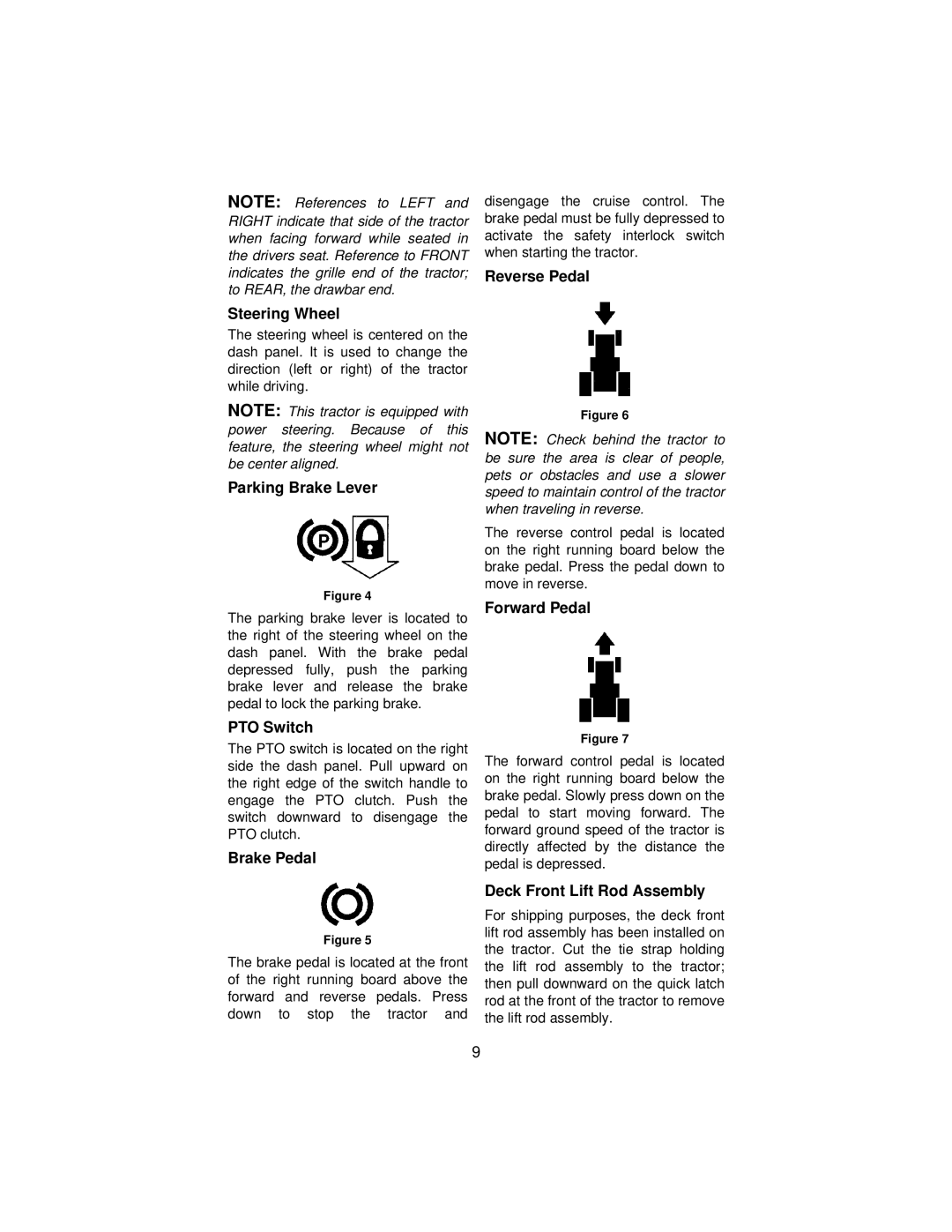 Cub Cadet 3185 manual Steering Wheel, Parking Brake Lever, PTO Switch, Brake Pedal, Reverse Pedal, Forward Pedal 