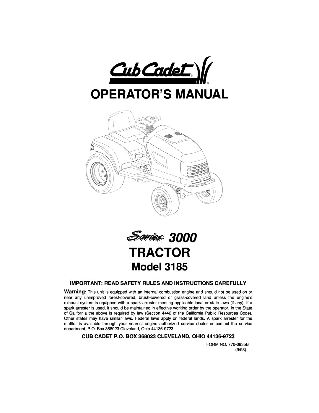 Cub Cadet 3185 manual Operator’S Manual, 3000, Tractor, Model, Important Read Safety Rules And Instructions Carefully 