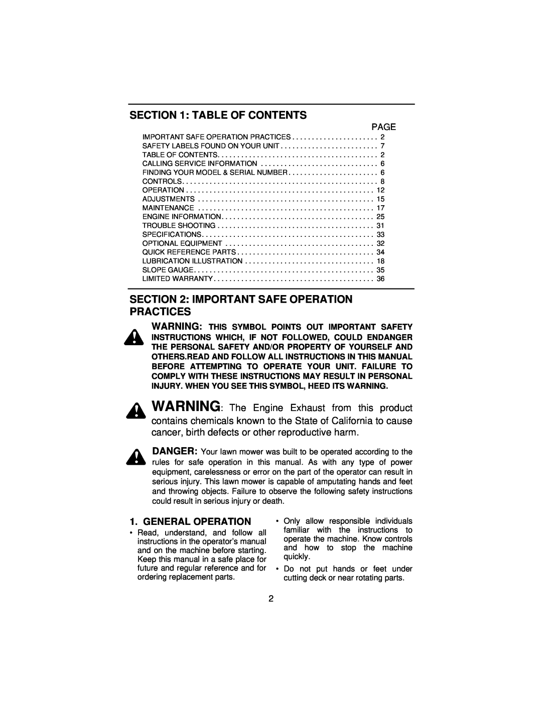 Cub Cadet 3185 manual Table Of Contents, Important Safe Operation Practices, General Operation, Page 