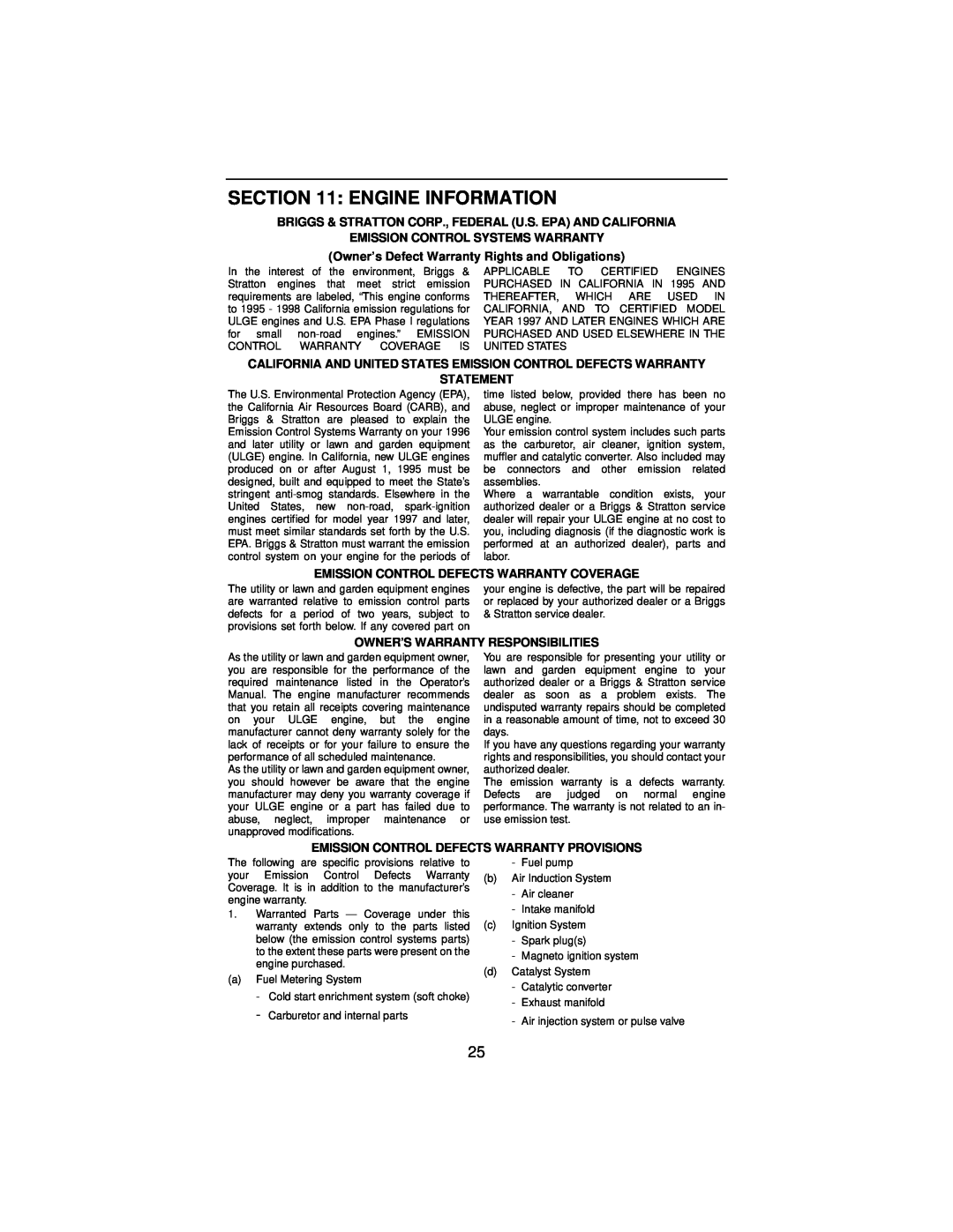 Cub Cadet 3185 manual Engine Information, Briggs & Stratton Corp., Federal U.S. Epa And California, Statement 