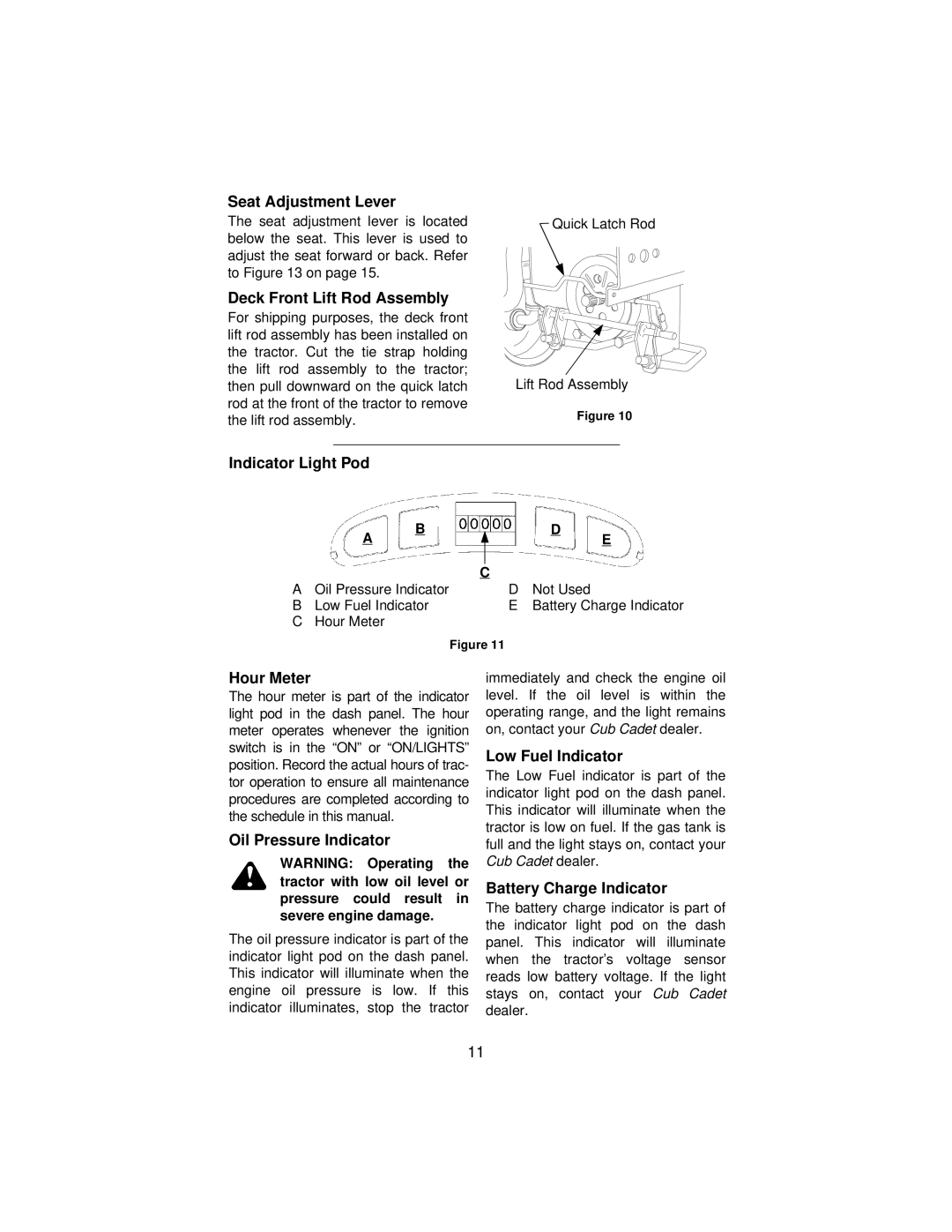 Cub Cadet 3186 Seat Adjustment Lever, Deck Front Lift Rod Assembly, Indicator Light Pod, Hour Meter, Low Fuel Indicator 