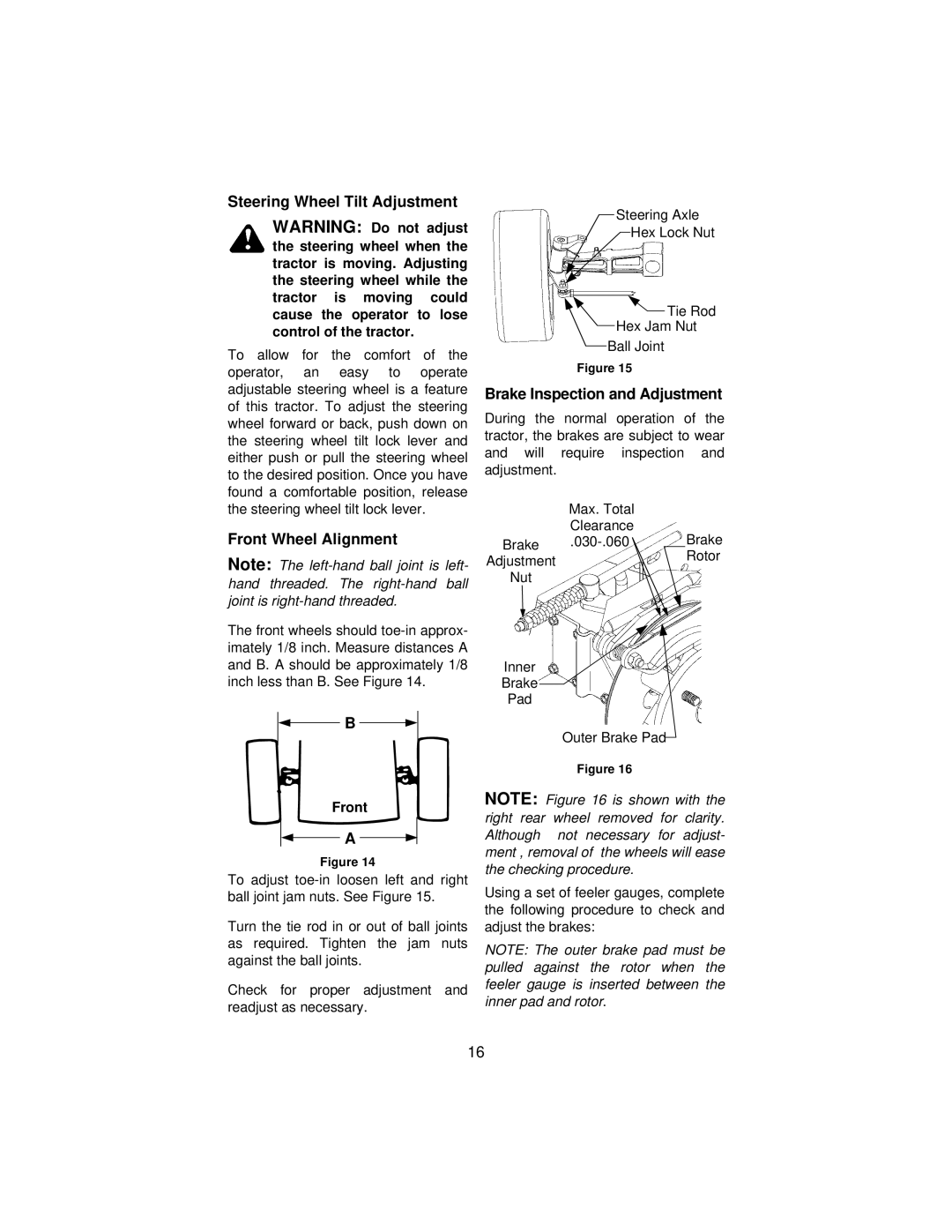 Cub Cadet 3186 manual Steering Wheel Tilt Adjustment, Front Wheel Alignment, Brake Inspection and Adjustment 