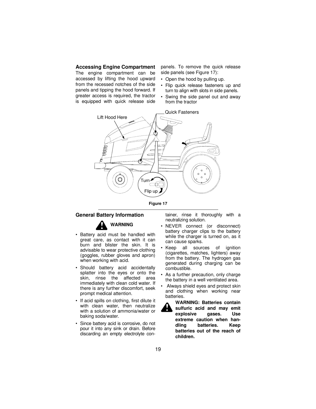 Cub Cadet 3186 manual Accessing Engine Compartment, General Battery Information 