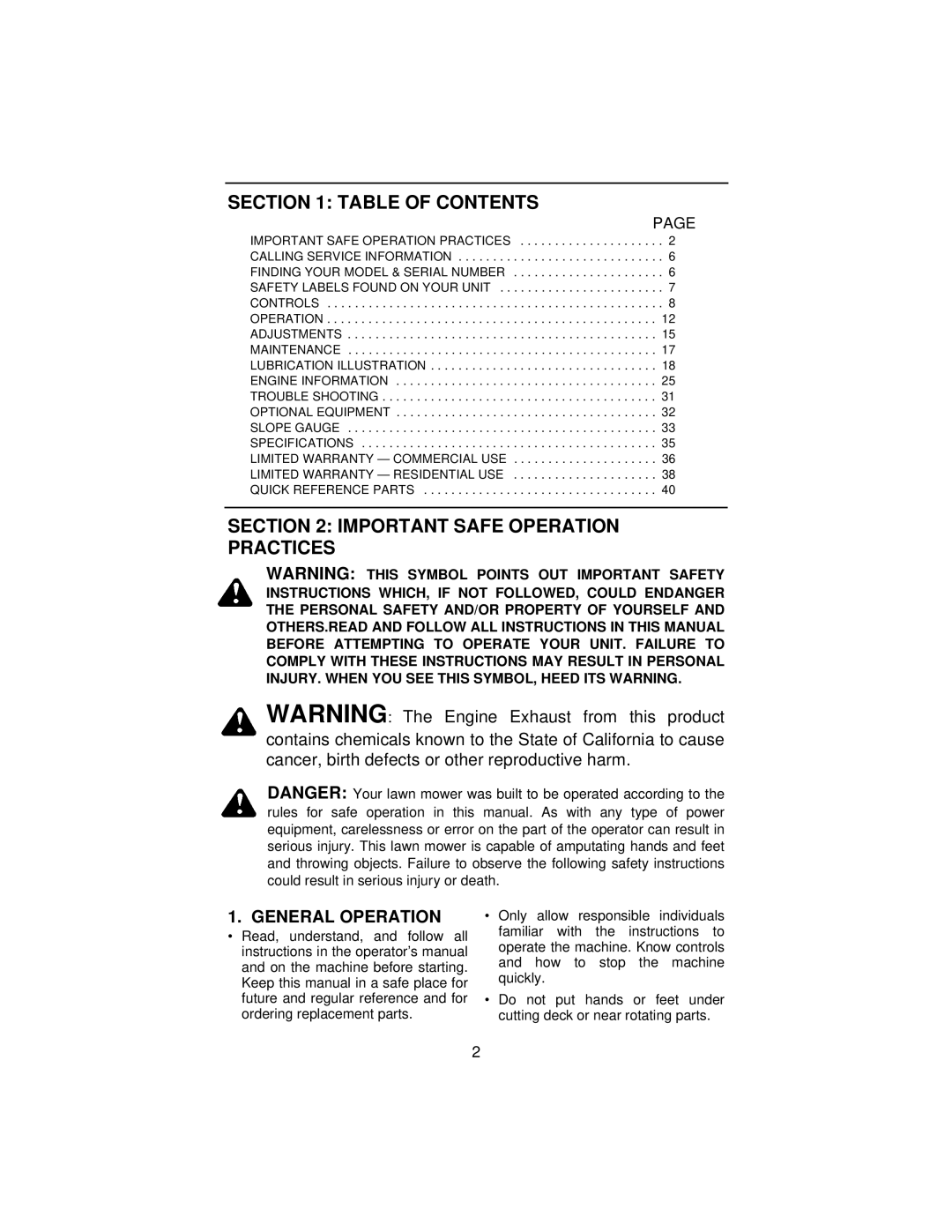 Cub Cadet 3186 manual Table of Contents, Important Safe Operation Practices 