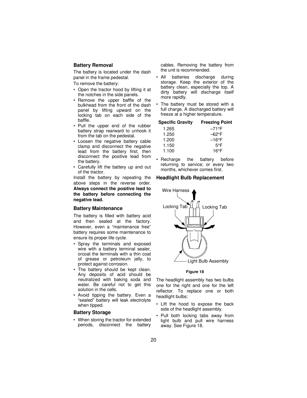 Cub Cadet 3186 manual Battery Removal, Battery Maintenance, Battery Storage, Headlight Bulb Replacement 