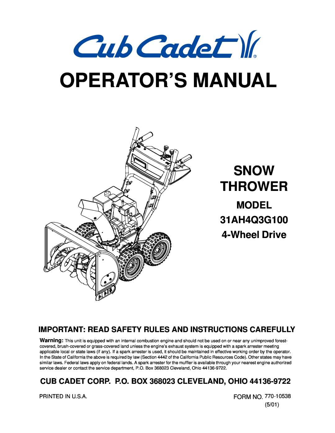 Cub Cadet manual Operator’S Manual, Snow Thrower, MODEL 31AH4Q3G100 4-WheelDrive 
