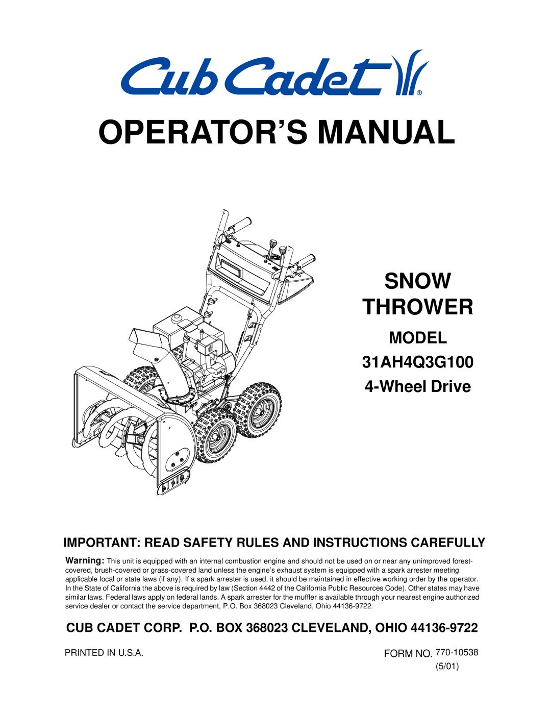 Cub Cadet 31AH4Q3G100 manual OPERATOR’S Manual 