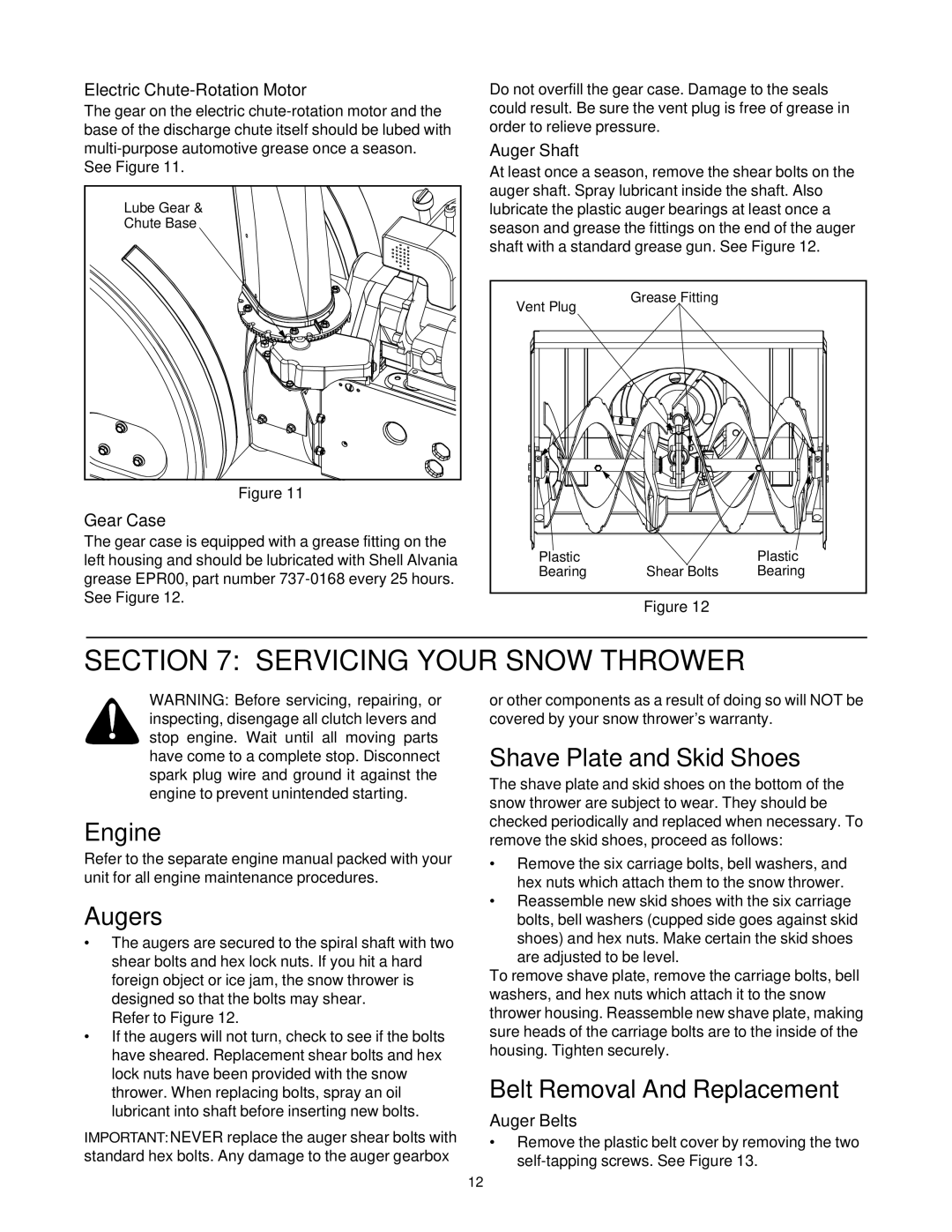 Cub Cadet 31AH4Q3G100 manual Servicing Your Snow Thrower, Engine, Augers, Shave Plate and Skid Shoes 