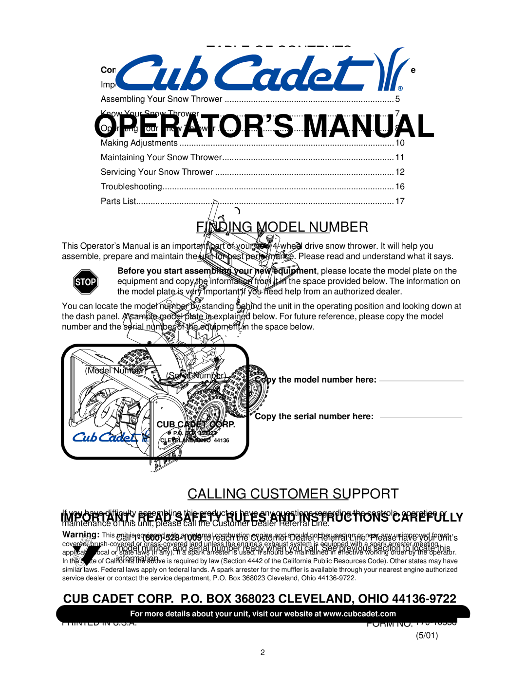 Cub Cadet 31AH4Q3G100 manual Table of Contents 