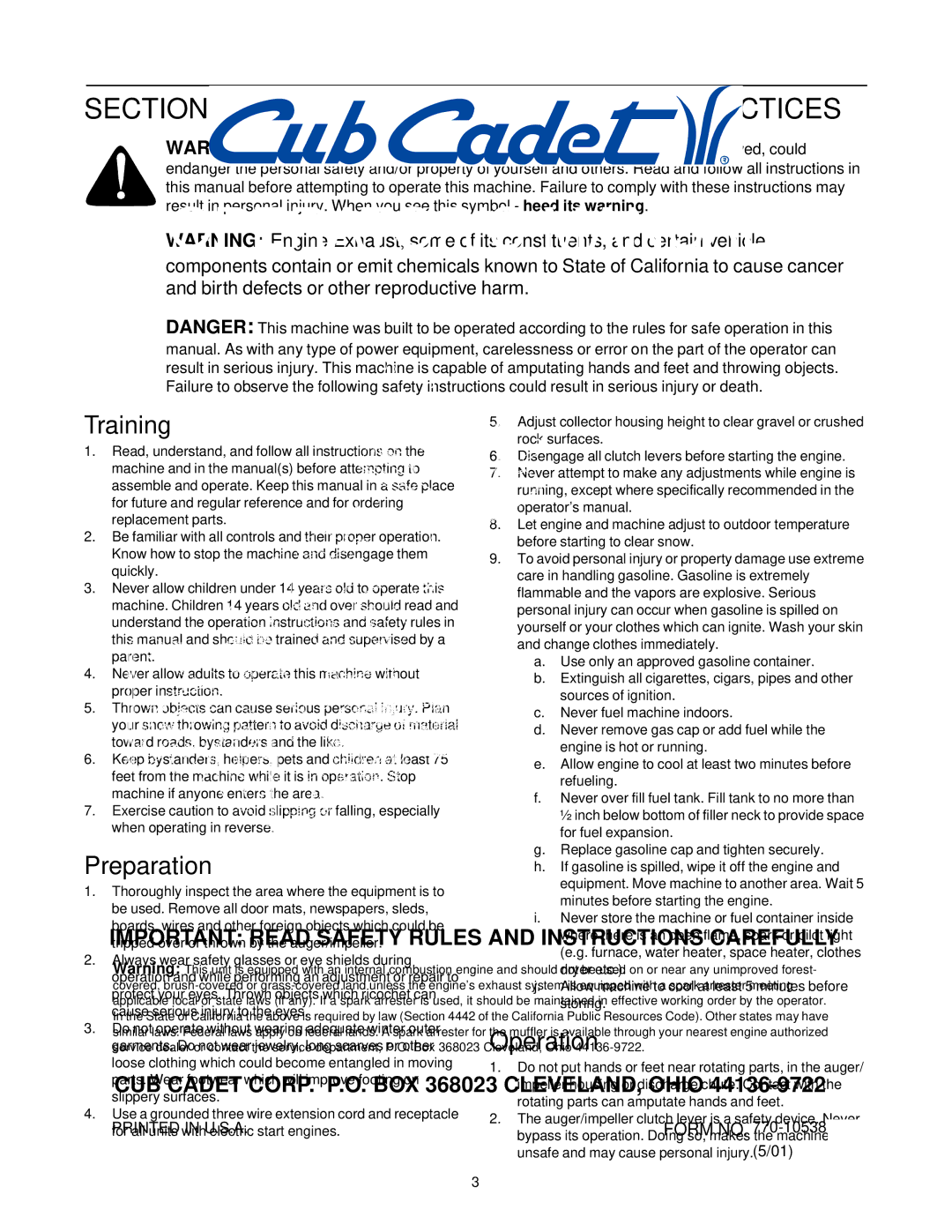 Cub Cadet 31AH4Q3G100 manual Important Safe Operation Practices, Training, Preparation 