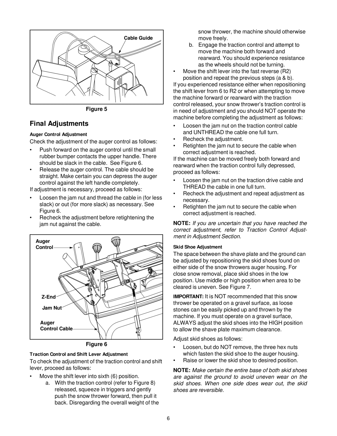 Cub Cadet 31AH4Q3G100 manual Final Adjustments, Auger Control Adjustment, Traction Control and Shift Lever Adjustment 