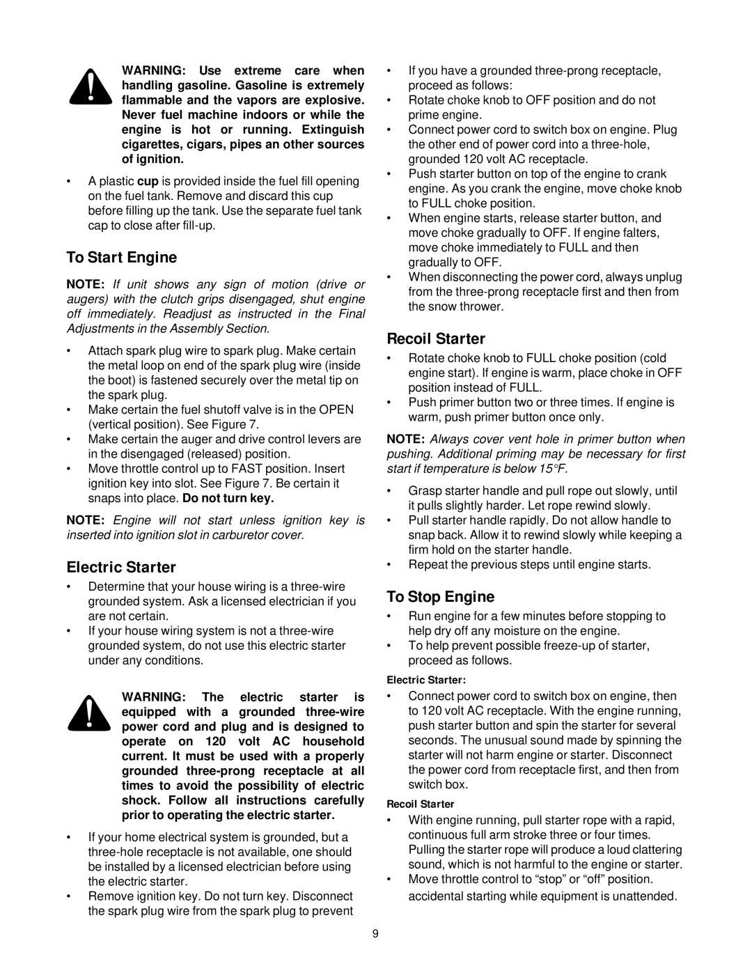 Cub Cadet 31AH4Q3G100 manual To Start Engine, Electric Starter, Recoil Starter, To Stop Engine 