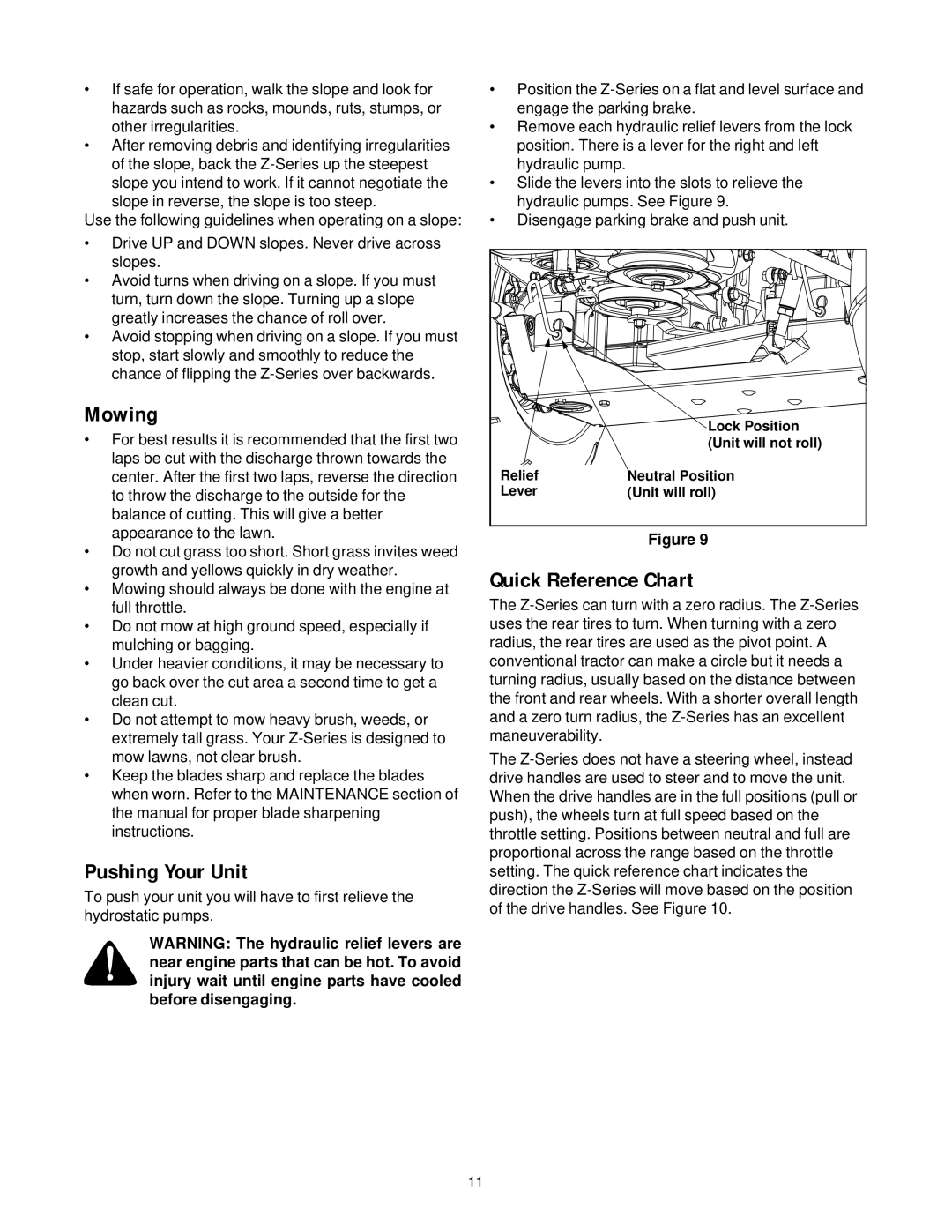 Cub Cadet 364, 365, 365L, 365L, 364, 365 manual Mowing, Pushing Your Unit, Quick Reference Chart 