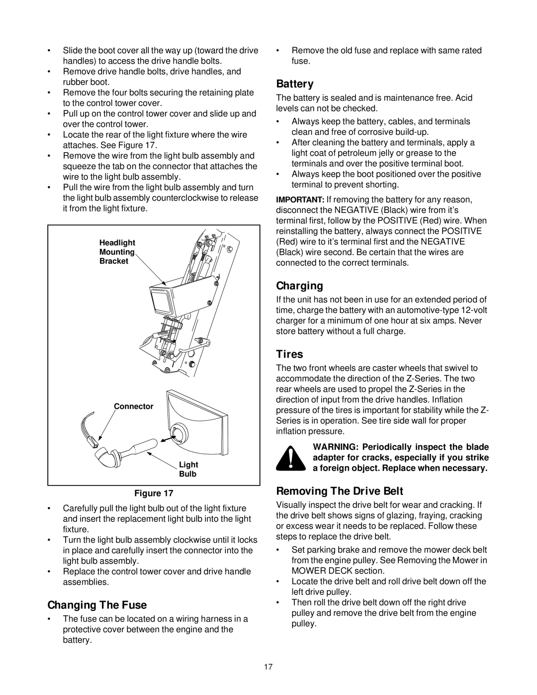 Cub Cadet 364, 365, 365L, 365L, 364, 365 manual Changing The Fuse, Battery, Charging, Tires, Removing The Drive Belt 