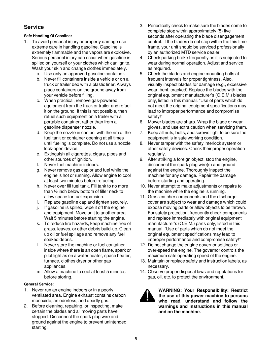 Cub Cadet 364, 365, 365L, 365L, 364, 365 manual Service, Safe Handling Of Gasoline 