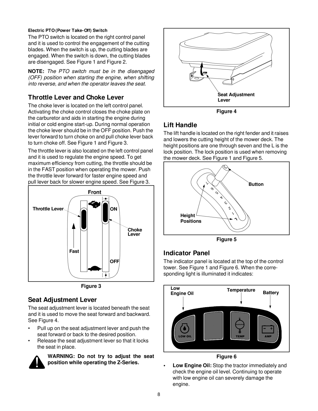 Cub Cadet 364, 365, 365L manual Throttle Lever and Choke Lever, Lift Handle, Indicator Panel, Seat Adjustment Lever 