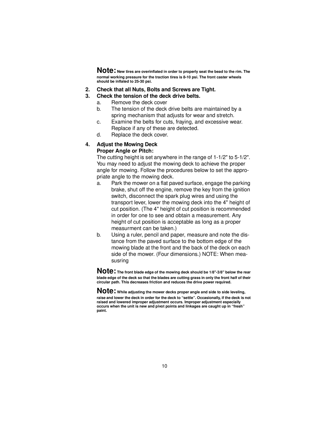 Cub Cadet 3654, 3660 service manual Adjust the Mowing Deck Proper Angle or Pitch 