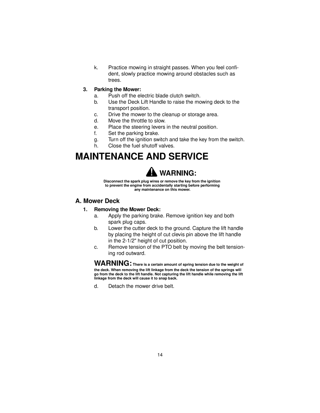 Cub Cadet 3654, 3660 service manual Maintenance and Service, Parking the Mower, Removing the Mower Deck 